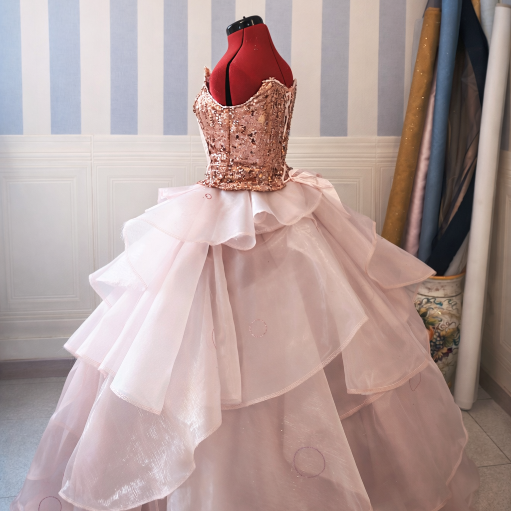 Glinda Inspired Fantasy Sparkle Gown - EthereaGlinda Inspired Fantasy Gown | Pink Sparkle Stage Dress | DressConl Pink Sequin & Organza Ball Gown - Professional Magical Cosplay & Stage Dress
