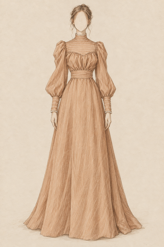 Sepia fashion illustration of a late Victorian high-neck gown inspired by 1890s Lizzie Borden-era dress