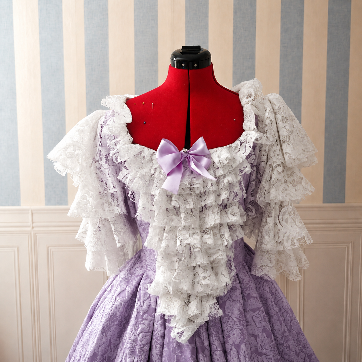 Layered ivory lace sleeve detail on handmade Baroque masquerade gown