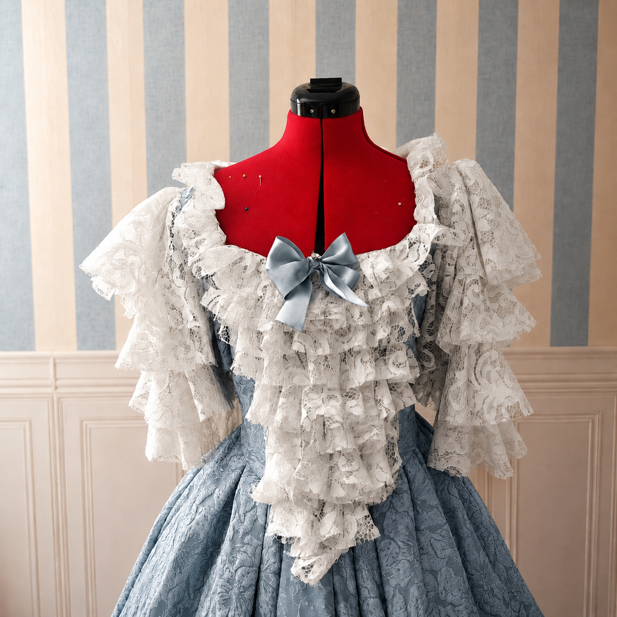 Blue Venetian Carnival Baroque gown with ivory lace and patterned jacquard skirt