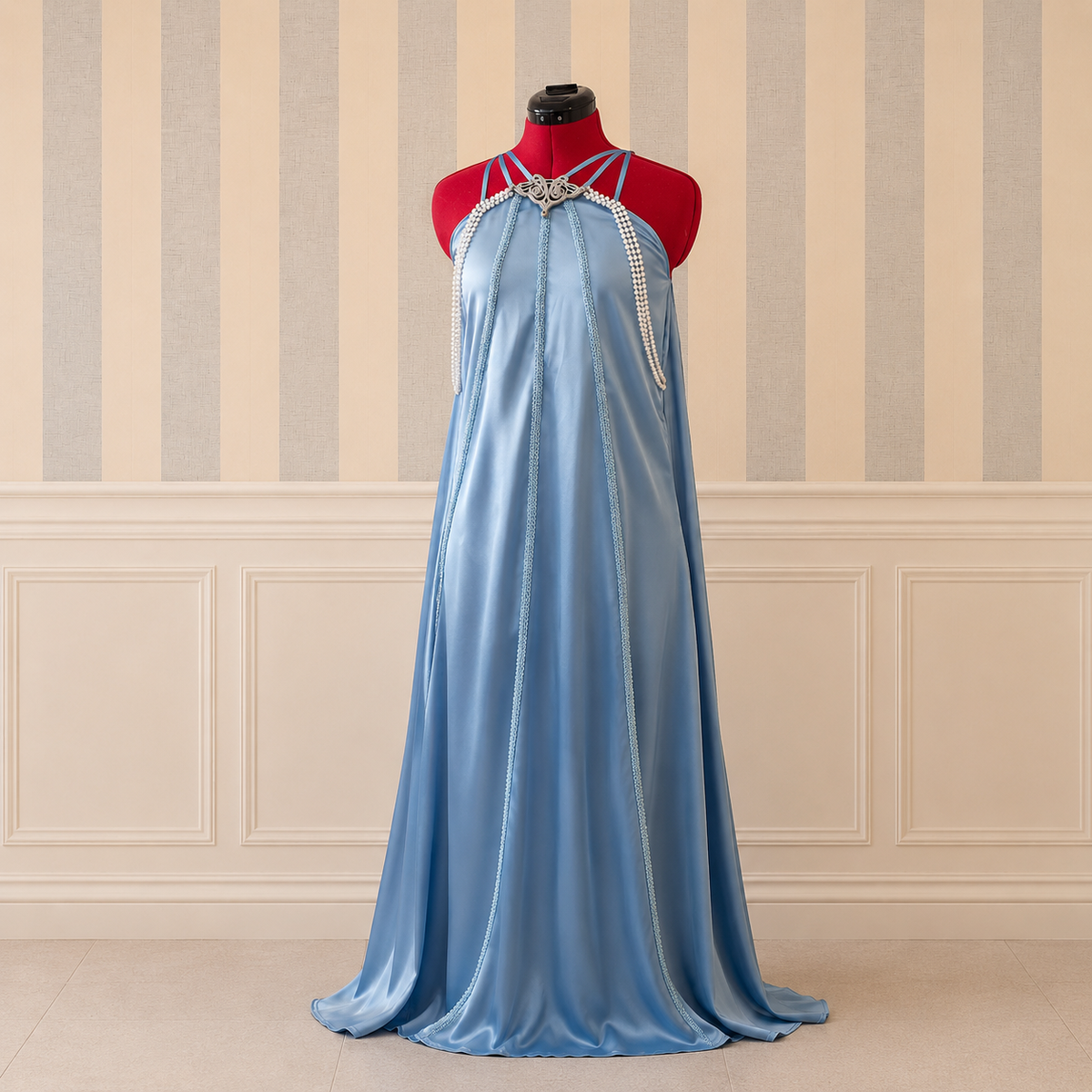 Crystal embellishment detail on luminous satin fantasy gown
