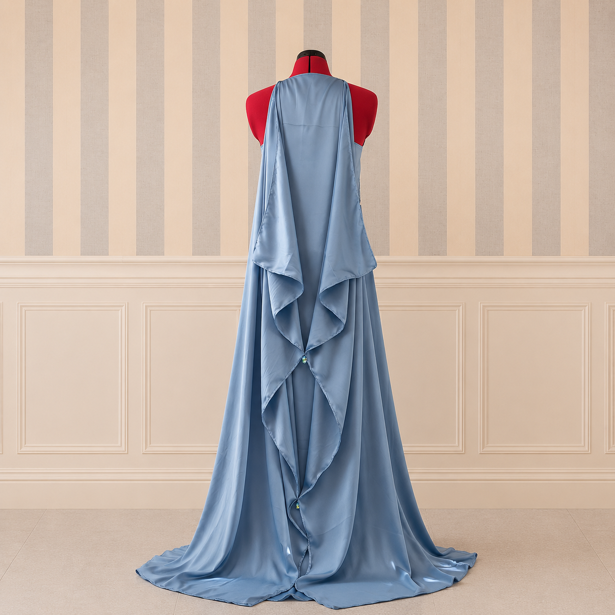 Back view of handmade sci-fi satin gown with elegant flowing silhouette