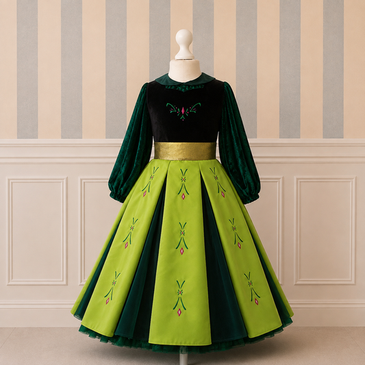 Girls Green Nordic Princess Costume – Embroidered Velvet Fairytale Dress