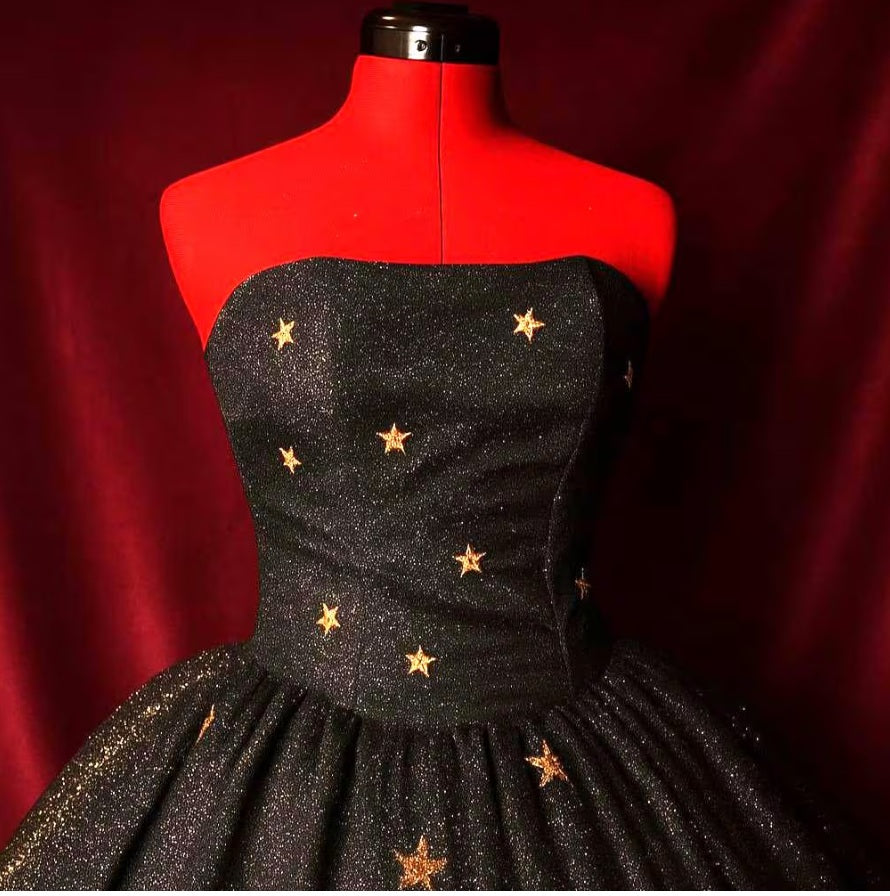 Black Starry Ball Gown – Boned Corset & Sparkling Rhinestone Stars