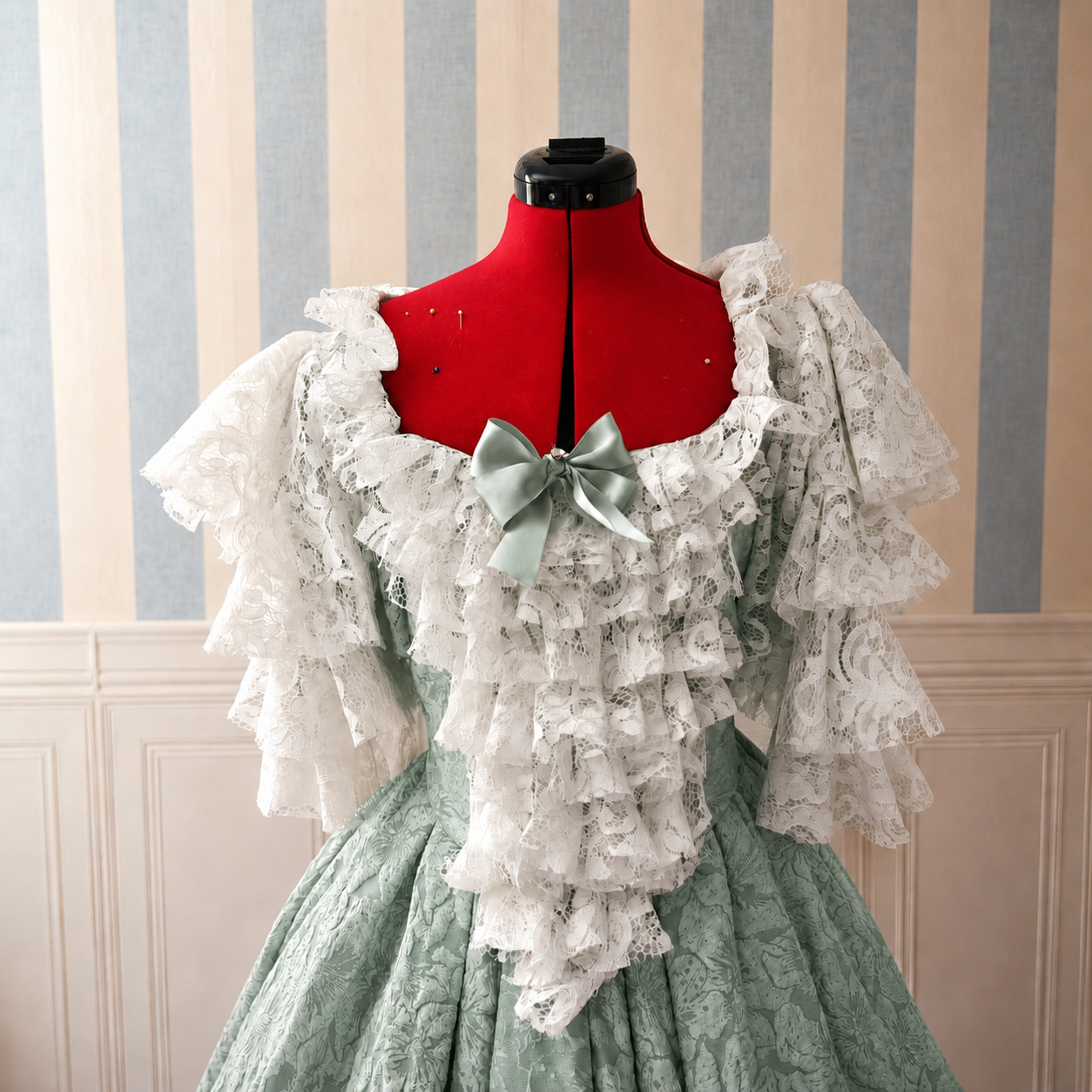 Close-up of patterned green jacquard bodice on Venetian masquerade gown