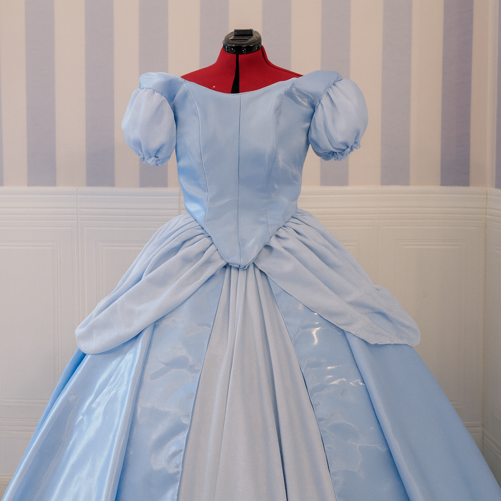 Handmade blue Cindy dress in liquid organza with a flowing skirt and princess-style silhouette.