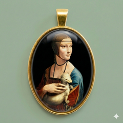 Gold-toned brass oval medallion featuring Leonardo da Vinci's Lady with an Ermine portrait, protected by a glass dome, on a sage green background.