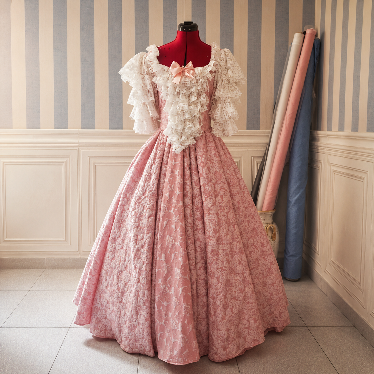 Full-length green Baroque masquerade gown with wide jacquard court skirt