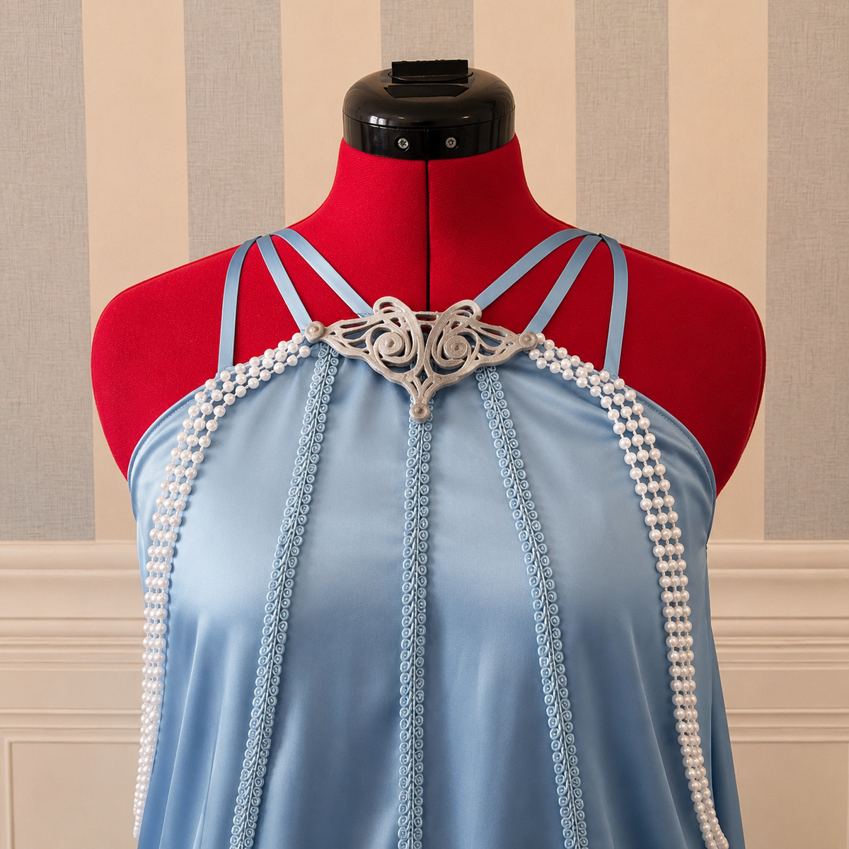 Regal sci-fi fantasy satin gown with crystals and sculptural 3D details