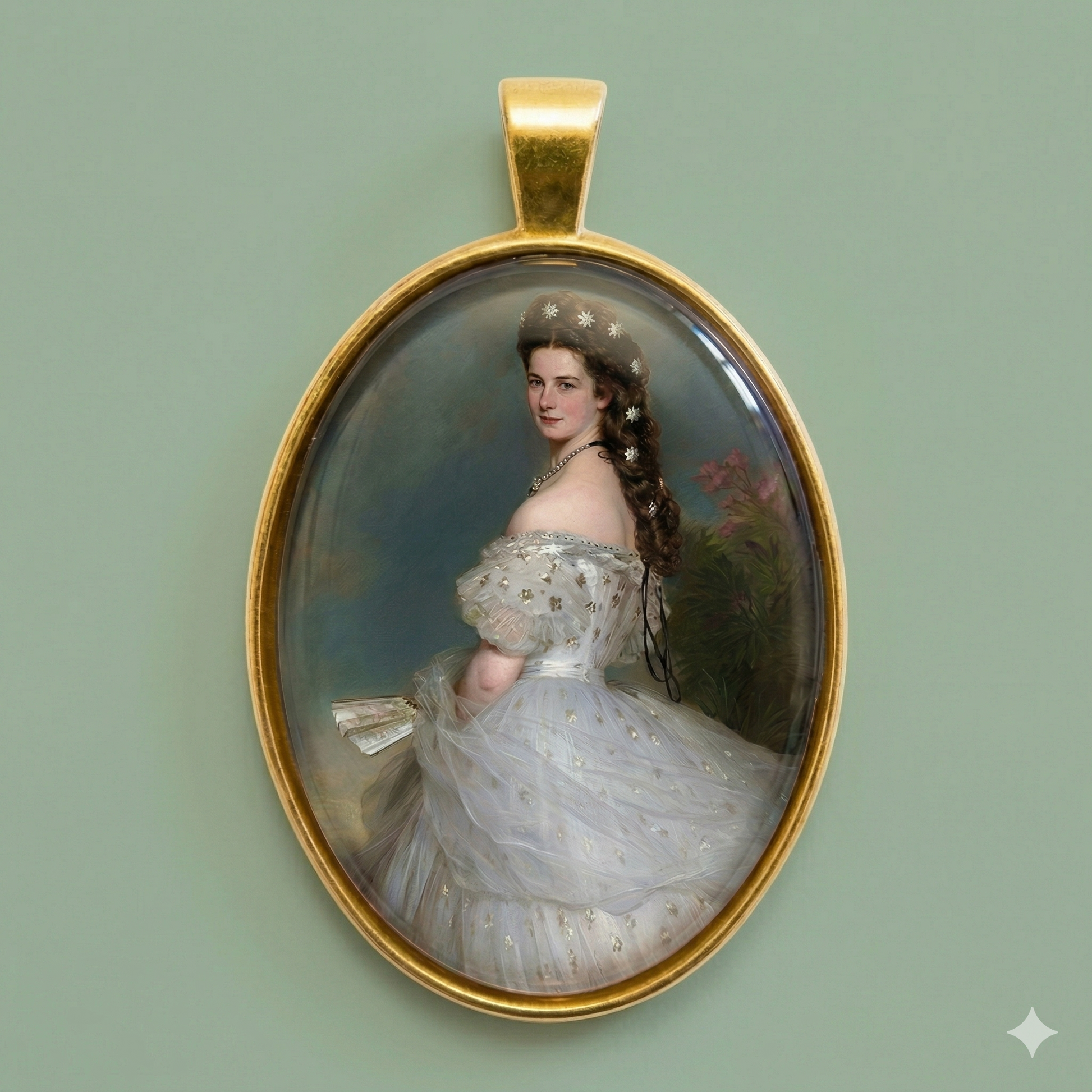 Oval gold-toned brass medallion featuring the iconic portrait of Empress Sissi by Winterhalter, protected by a clear glass dome, shown on a sage green background.