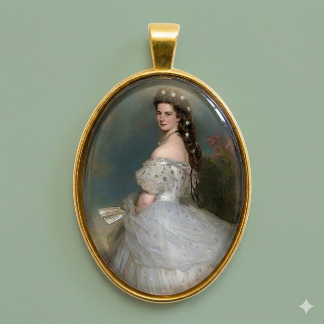 Oval gold-toned brass medallion featuring the iconic portrait of Empress Sissi by Winterhalter, protected by a clear glass dome, shown on a sage green background.