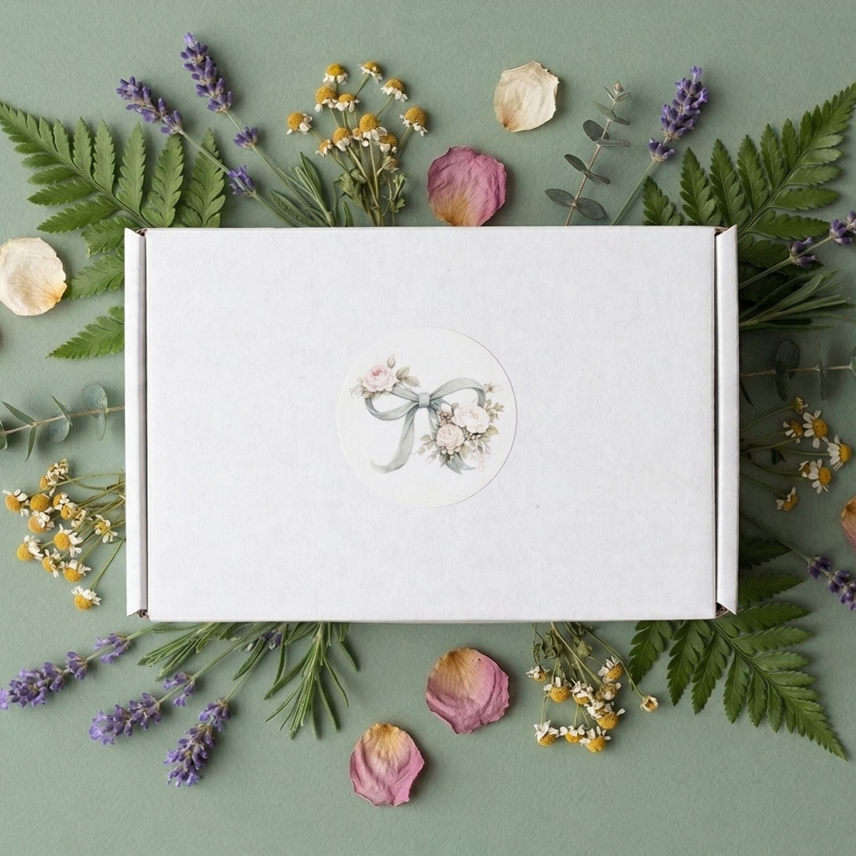 White DressCon gift box for an art pendant, styled with lavender, ferns, dried flowers and botanical details on a sage green background.