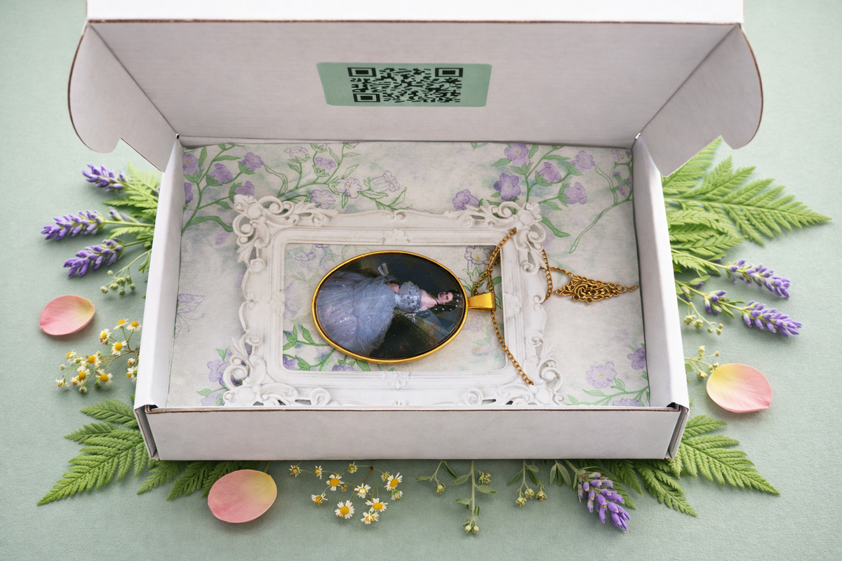 Open DressCon presentation box with a large oval glass and brass Edgar Degas ballet art medallion necklace, botanical lining and gift-ready packaging.