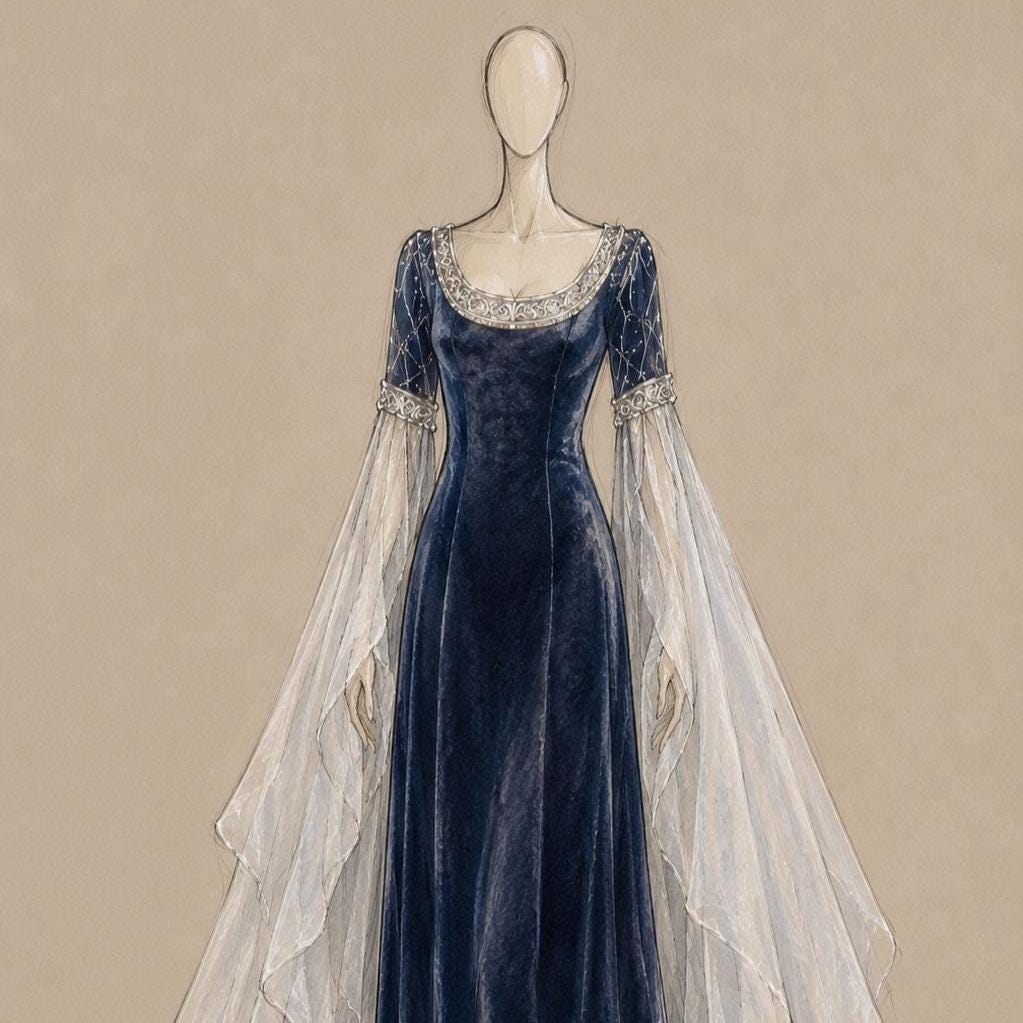 Elven Fantasy Velvet Gown – Flowing Chiffon Sleeves