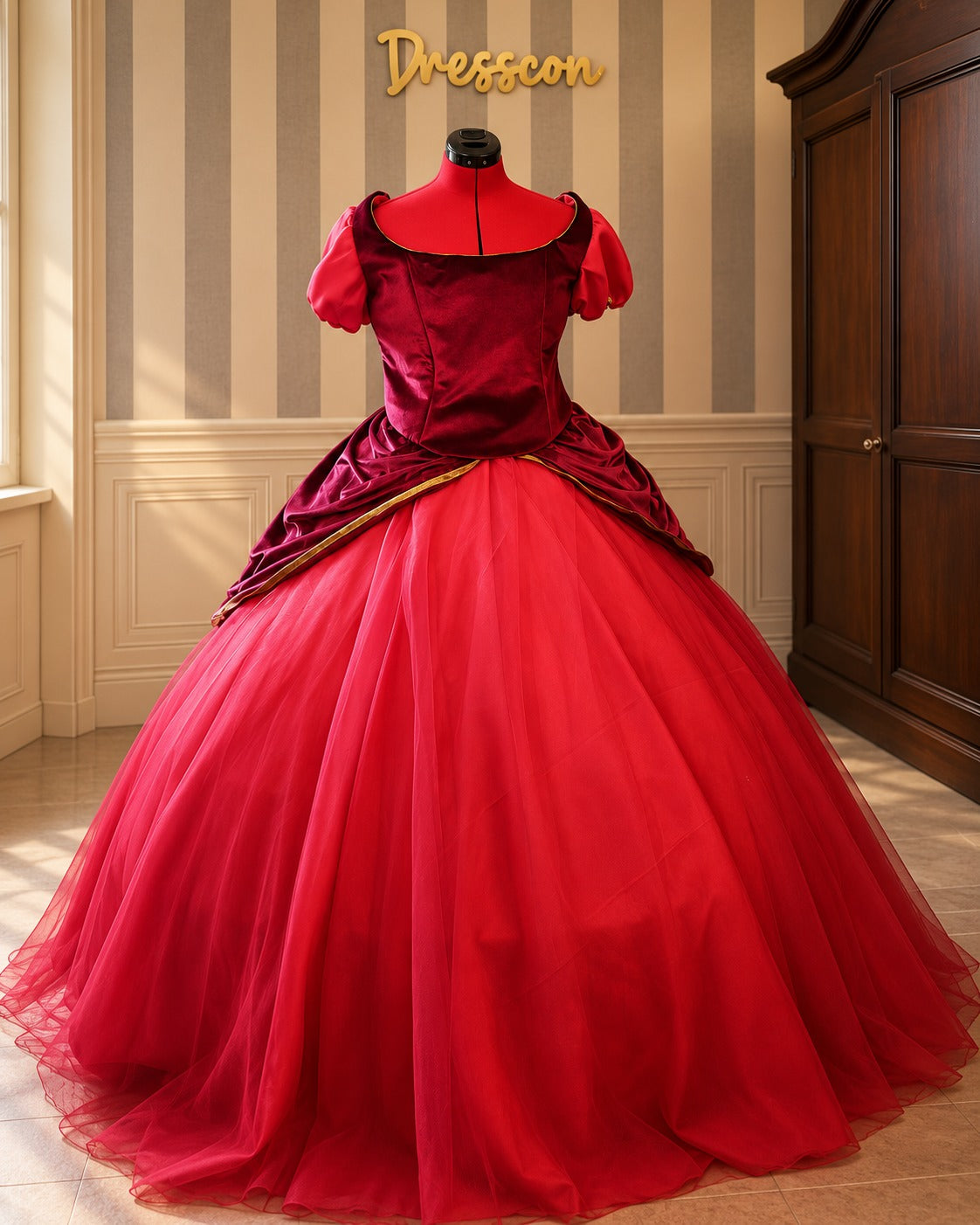 Genoveffa inspired fairytale stepsister red and pink ball gown with lace-up corset and double skirt by DressCon