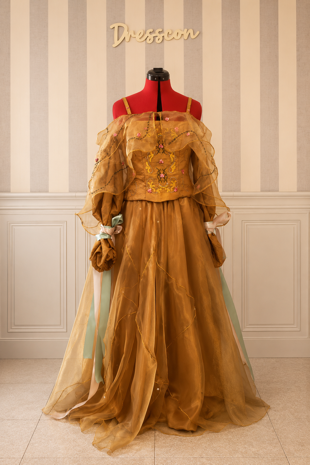 Front view of golden fantasy gown with embroidered corset, sheer organza cape and full layered skirt
