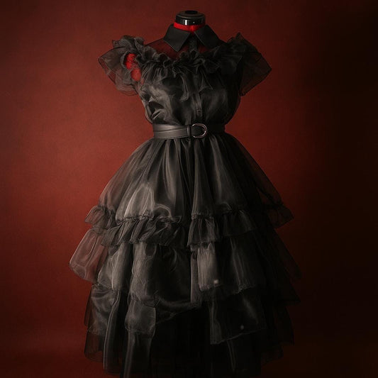 Gothic Black Ruffle Gown – Sheer Organza Overdress