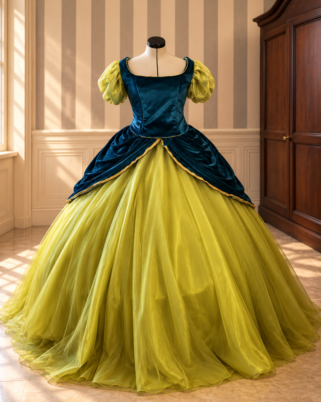 Green and teal fairytale ball gown with corset bodice and full double skirt by DressCon