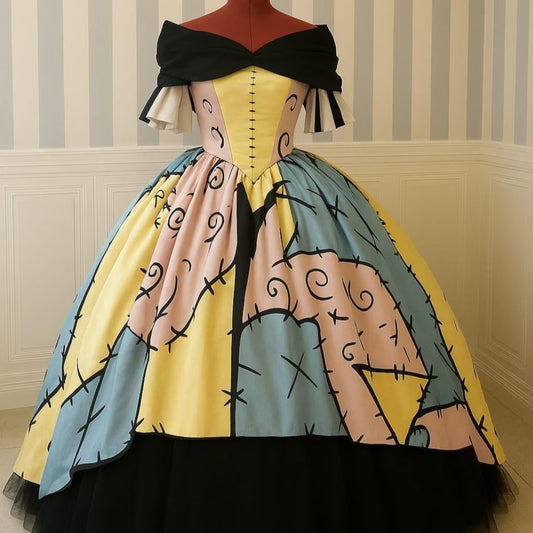 Halloween patchwork ball gown front view with boned corset and tulle hem – DressCon