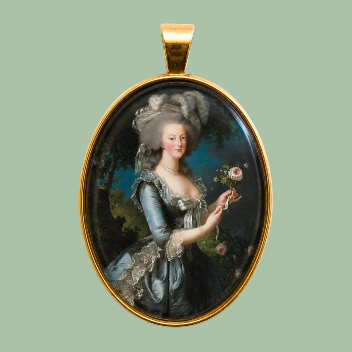 Marie Antoinette portrait medallion necklace in glass and gold-toned brass, 40x30 mm, photographed on a muted sage green background.