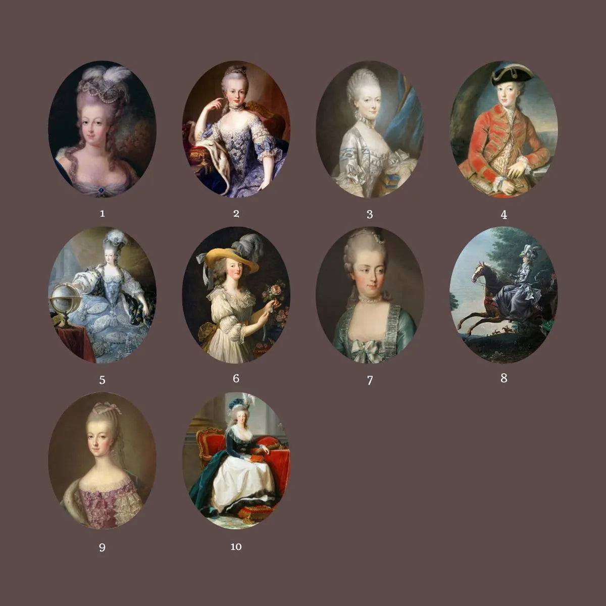 Ten numbered Marie Antoinette portrait artwork options available for the DressCon oval glass and brass medallion.