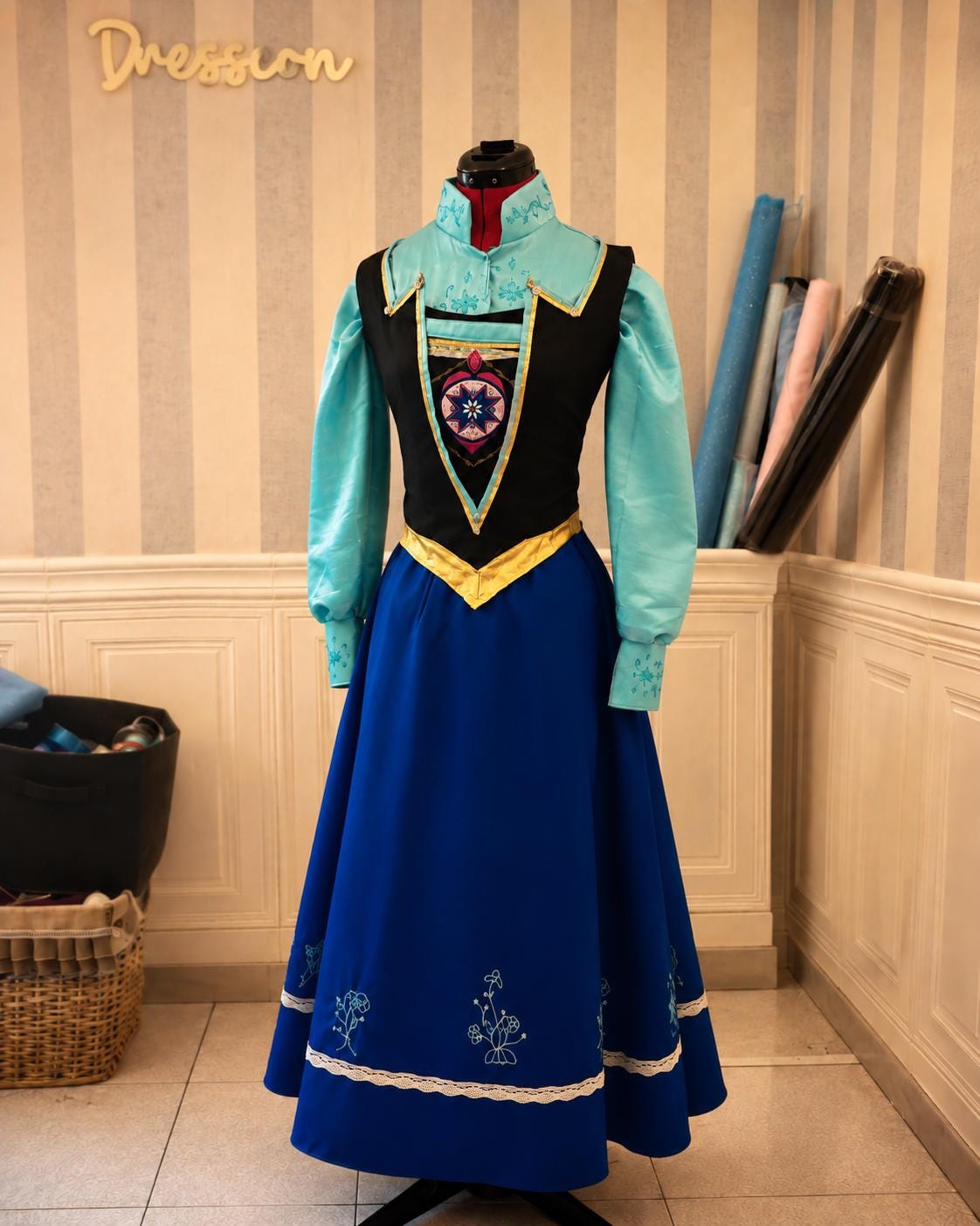 Nordic Traveling Princess Costume – Embroidered Satin Gown