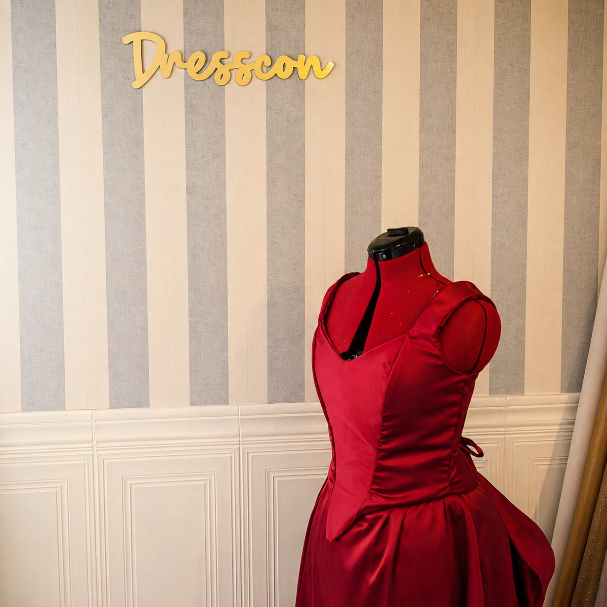 Red Belle Epoque satin corset gown bodice detail – Parisian cabaret costume by DressCon