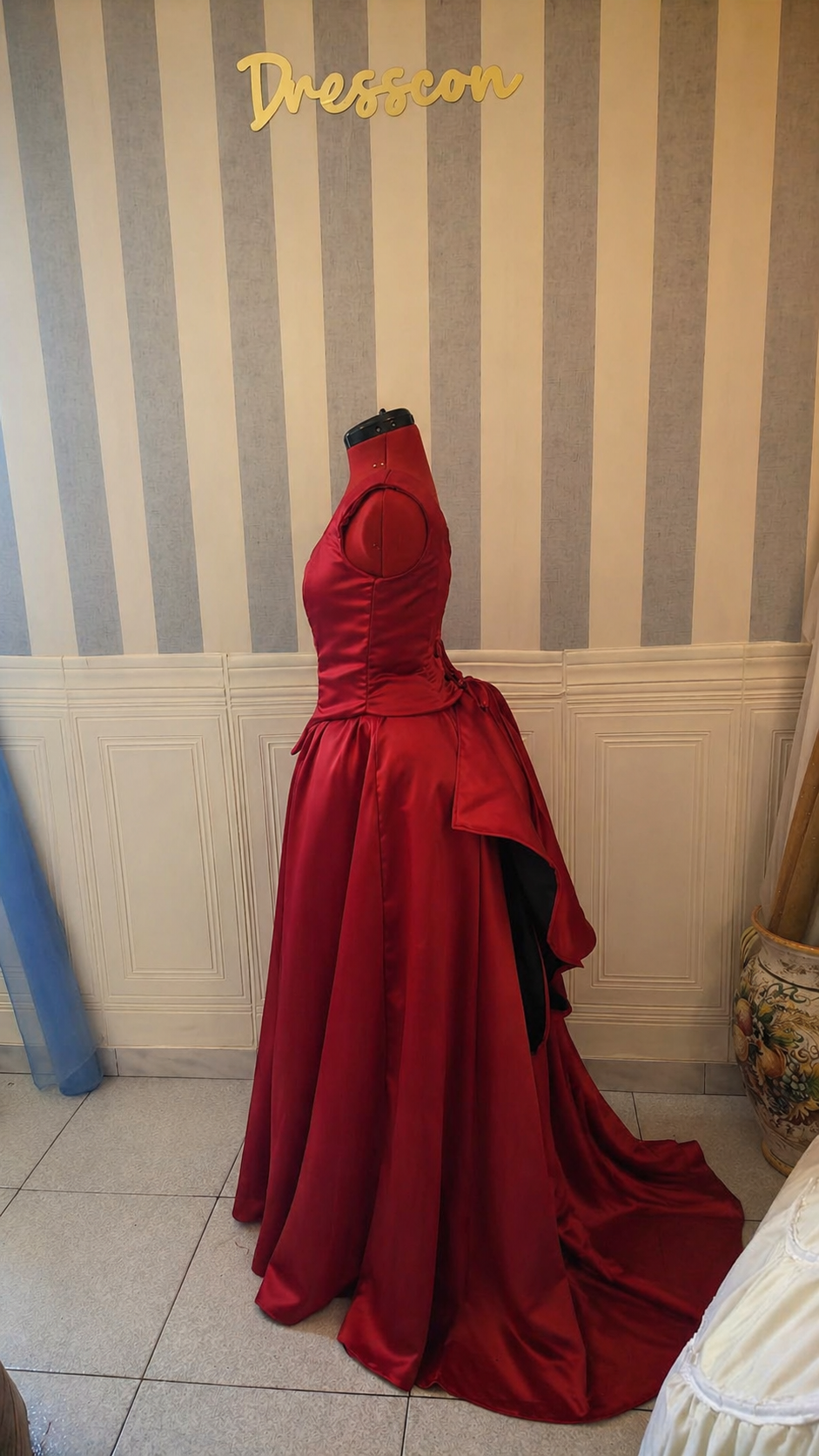 Red Belle Epoque satin stage gown side view with train – Victorian Edwardian inspired theatre costume by DressCon