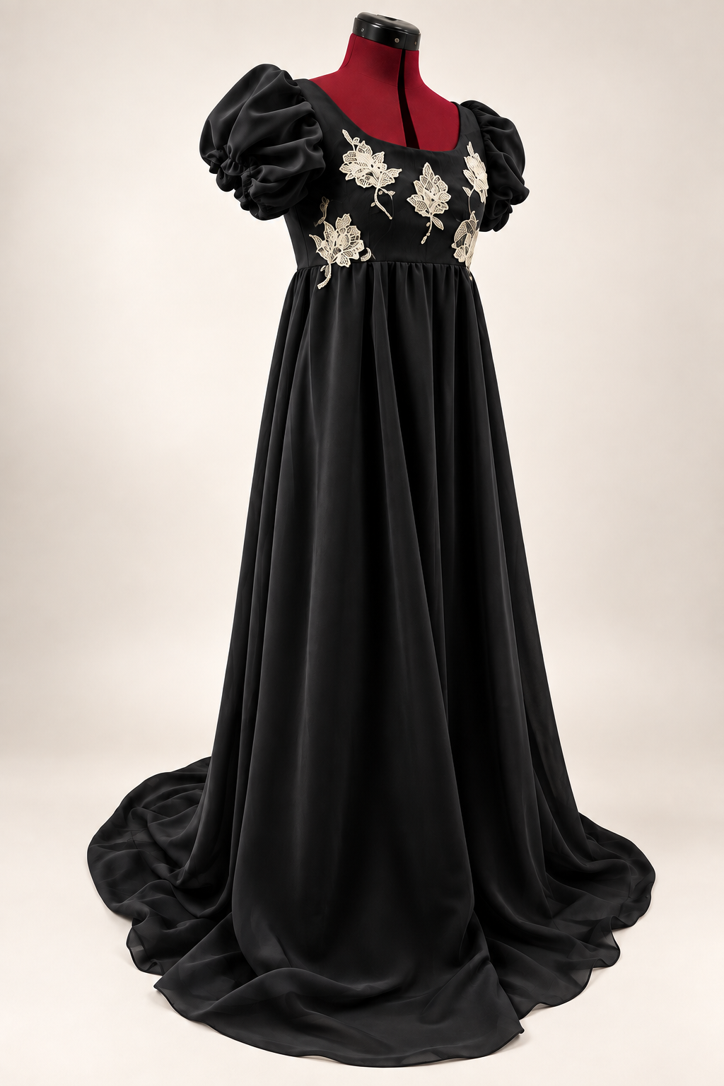 Black Regency-inspired empire waist gown with puff sleeves and ivory floral lace – DressCon
