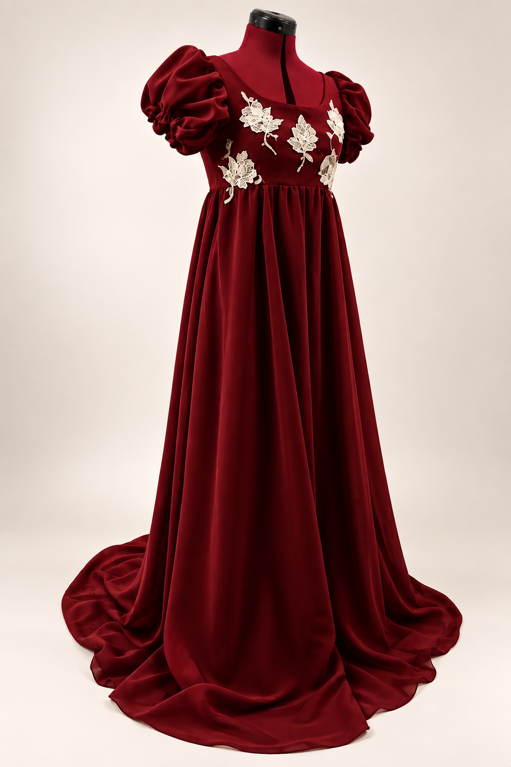 Burgundy Regency-inspired empire waist gown with puff sleeves and ivory floral lace – DressCon