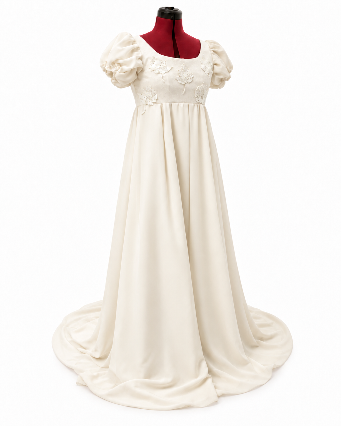 Ivory Regency-inspired empire waist gown with puff sleeves and floral lace – DressCon