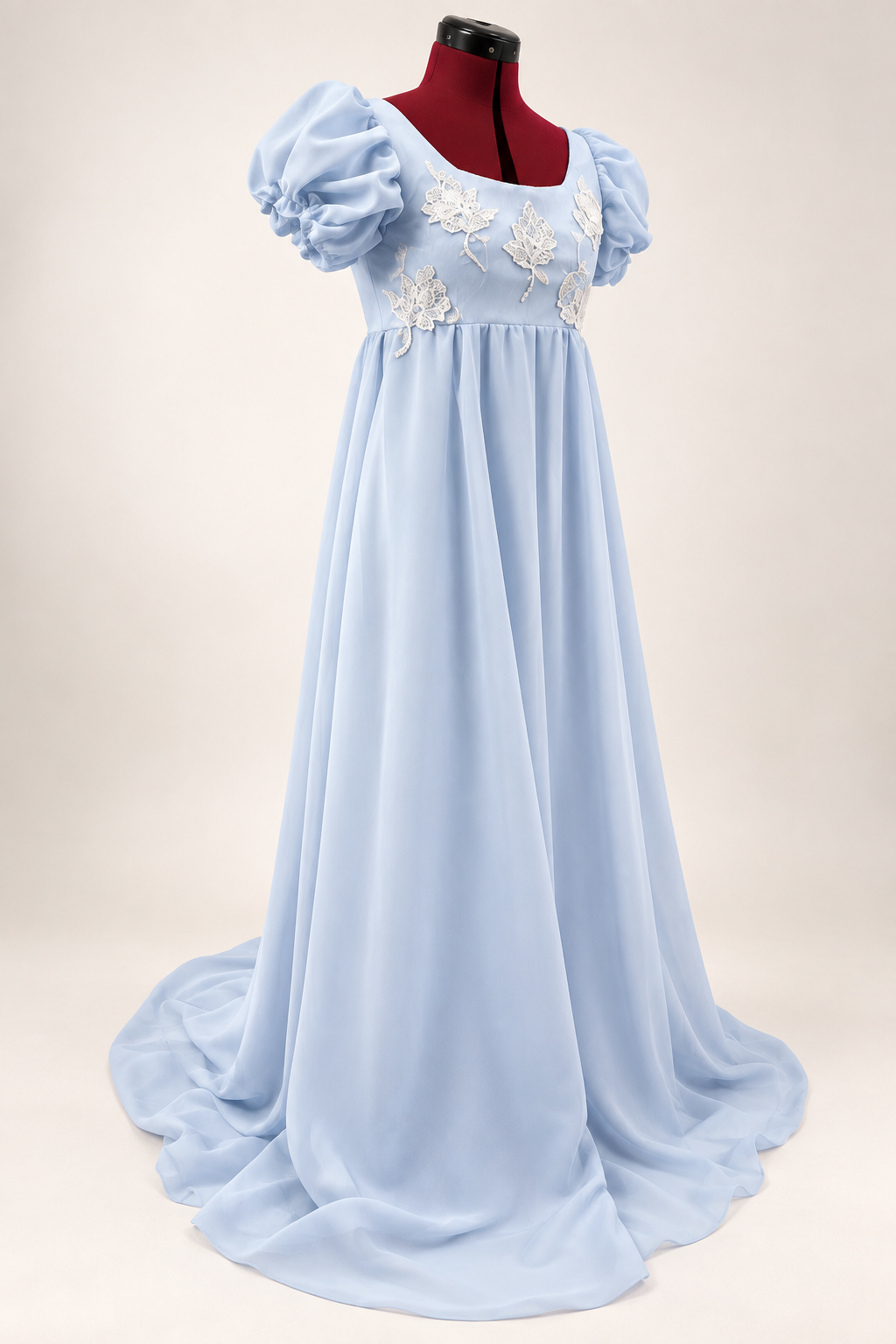 Light blue Regency-inspired empire waist gown with puff sleeves and ivory floral lace – DressCon