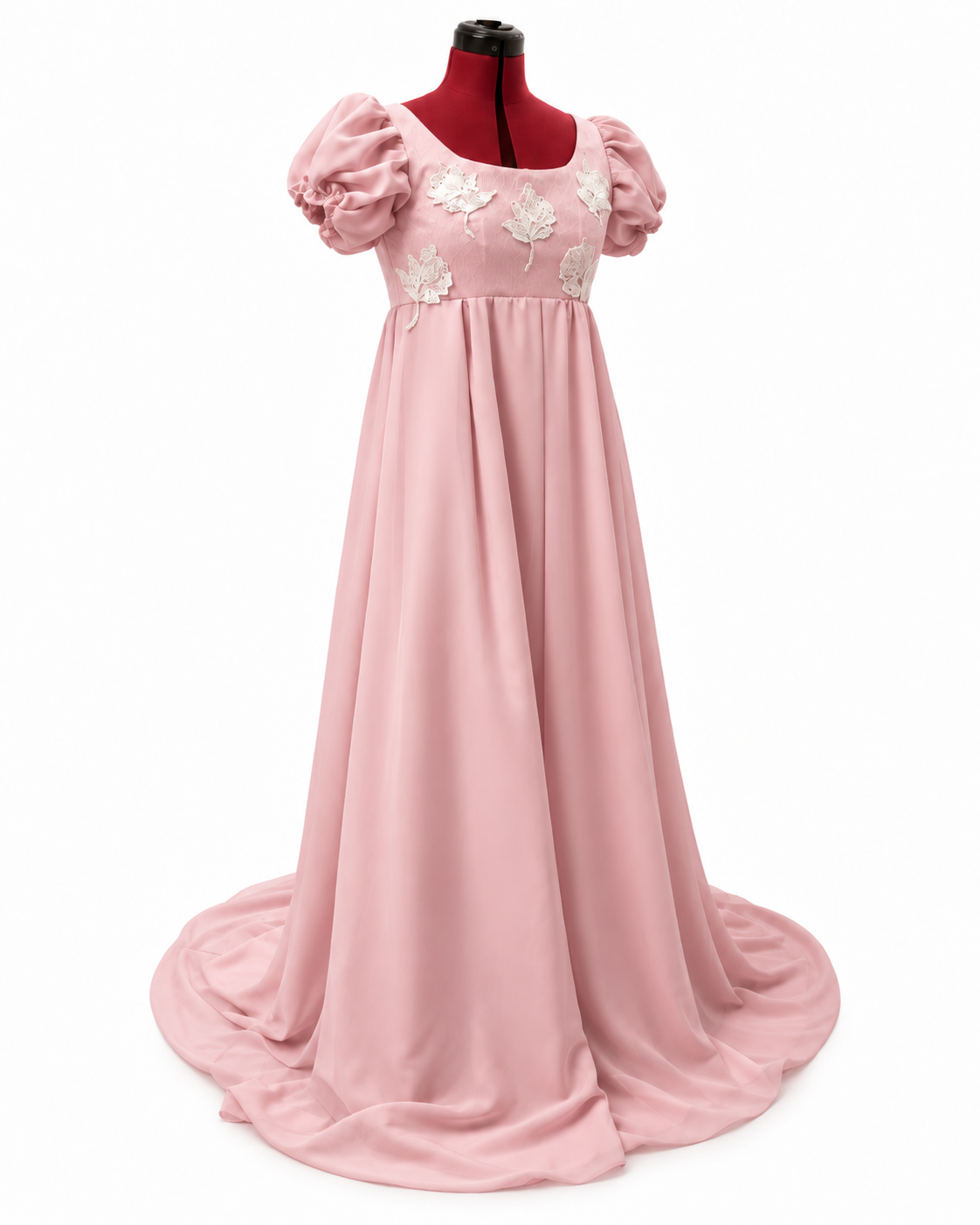 Pink Regency-inspired empire waist gown with puff sleeves and ivory floral lace – DressCon