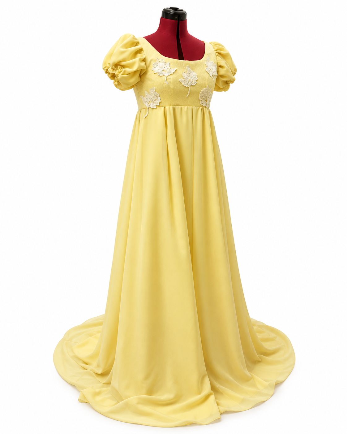 Yellow Regency-inspired empire waist gown with puff sleeves and ivory floral lace – DressCon