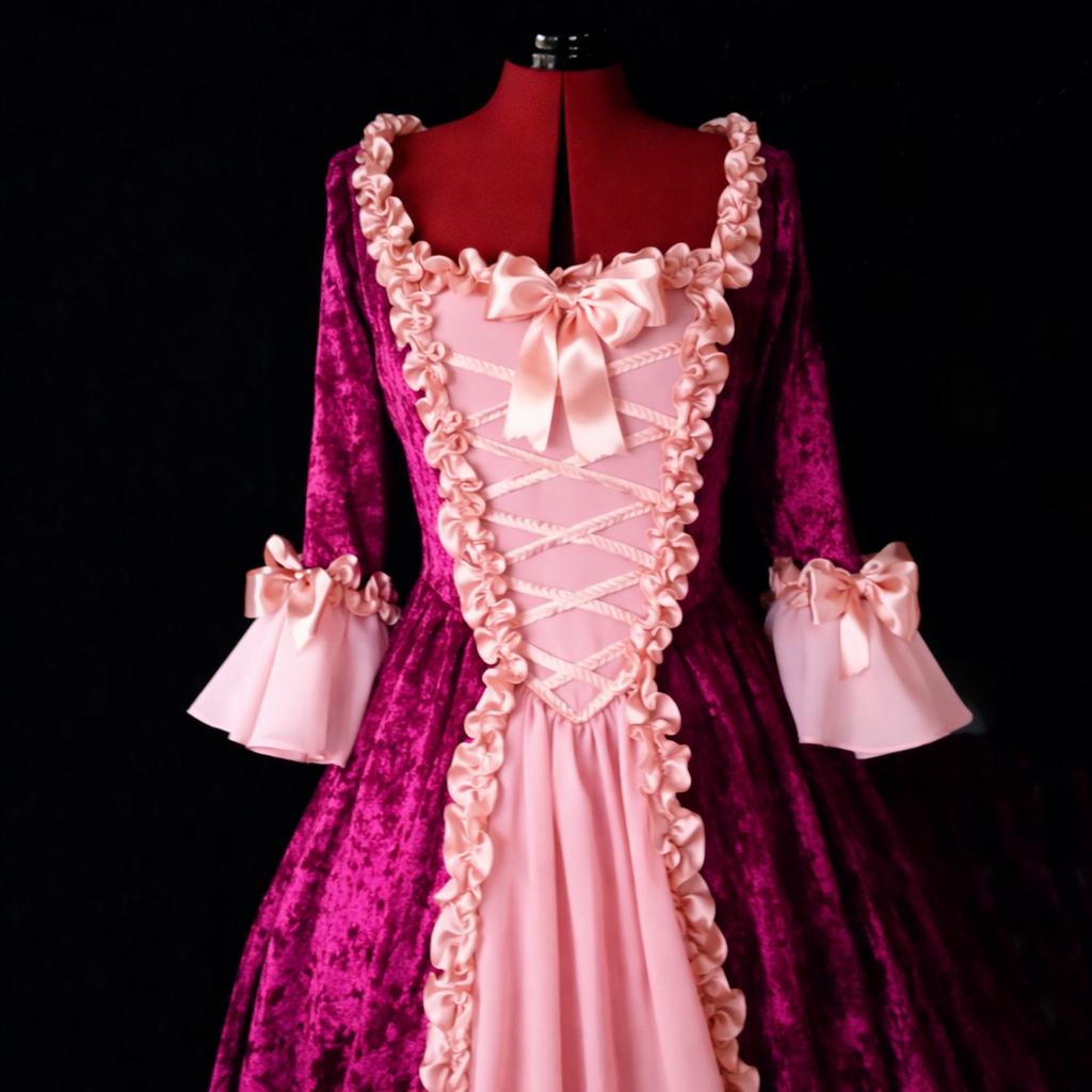 Fuchsia velvet Venetian Carnival gown with pink satin trim