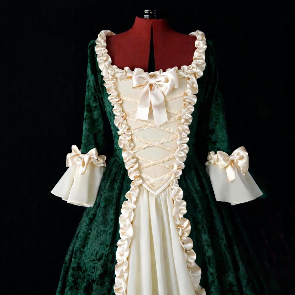 Green velvet Venetian Carnival gown with ivory trim