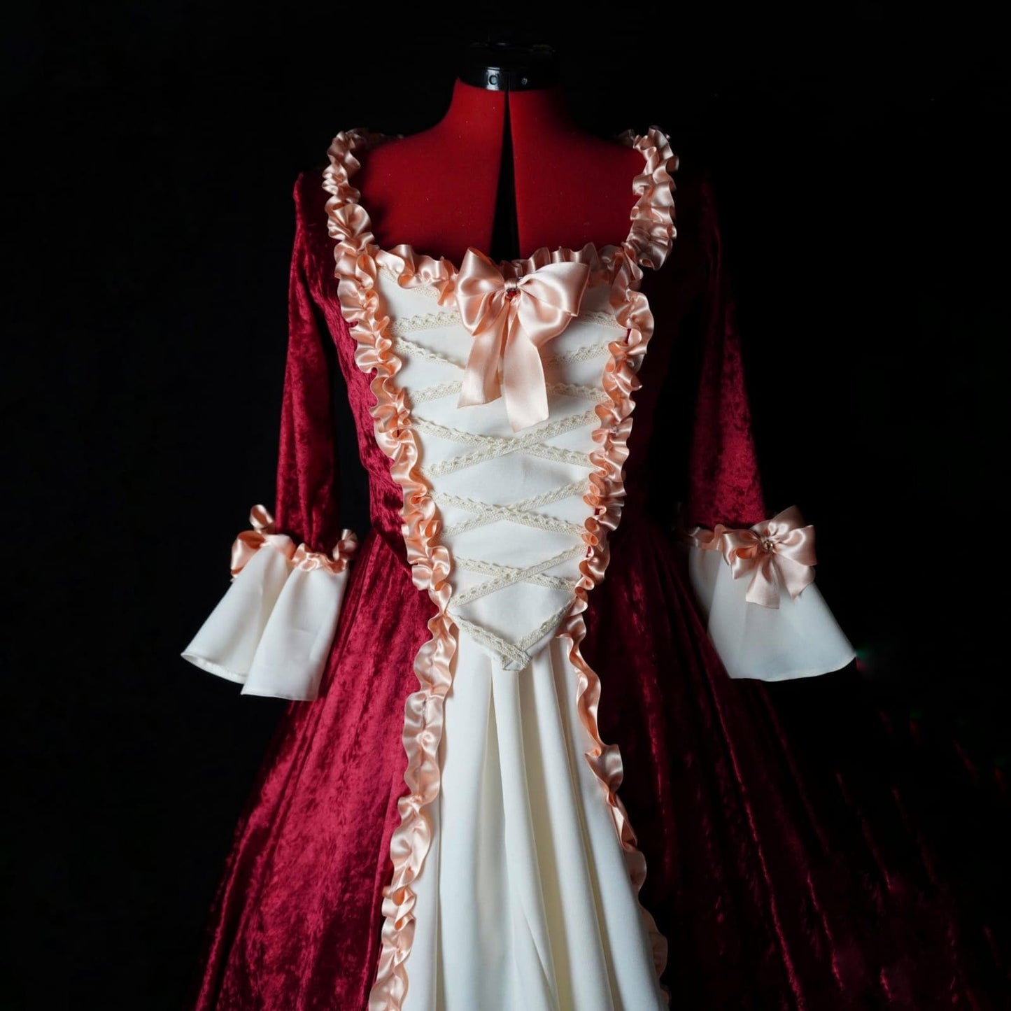 Venetian Carnival gown in red velvet and ivory, front view
