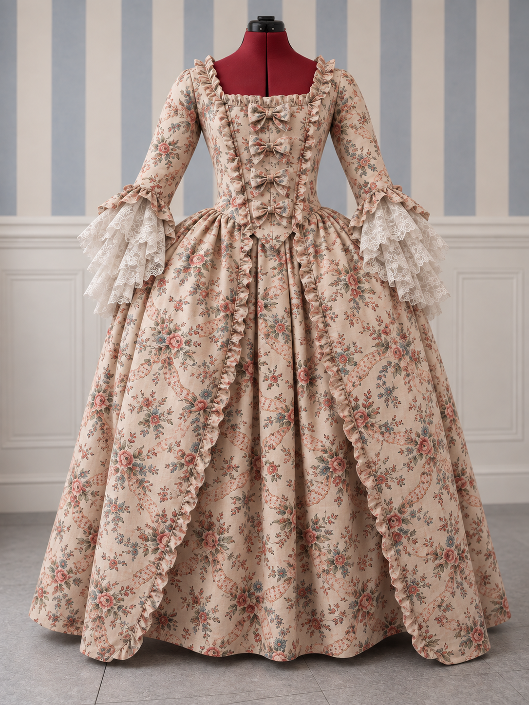 Venetian Rococo gown in DC-18C-012 Rococo Ribbon & Rose Floral fabric for Venice Carnival.