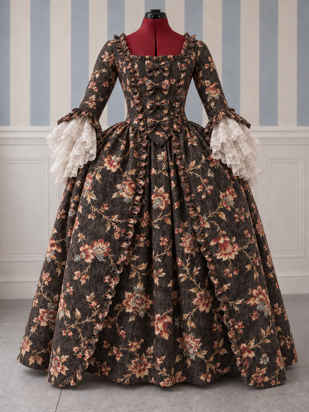 Venetian Rococo gown in DC-18C-013 Dark-Ground Floral Chintz-Inspired fabric for Venice Carnival.