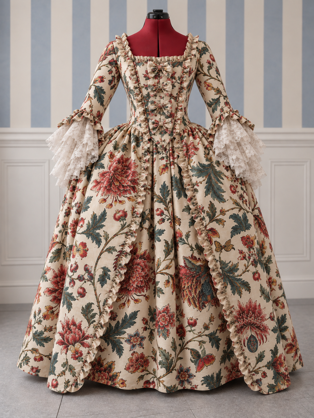 Venetian Rococo gown in DC-18C-014 Botanical Garden with Butterflies & Insects fabric for Venice Carnival.
