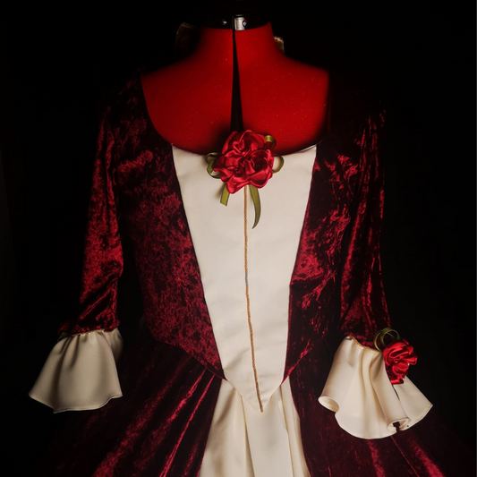 Christmas storybook princess gown with velvet corset and full skirt