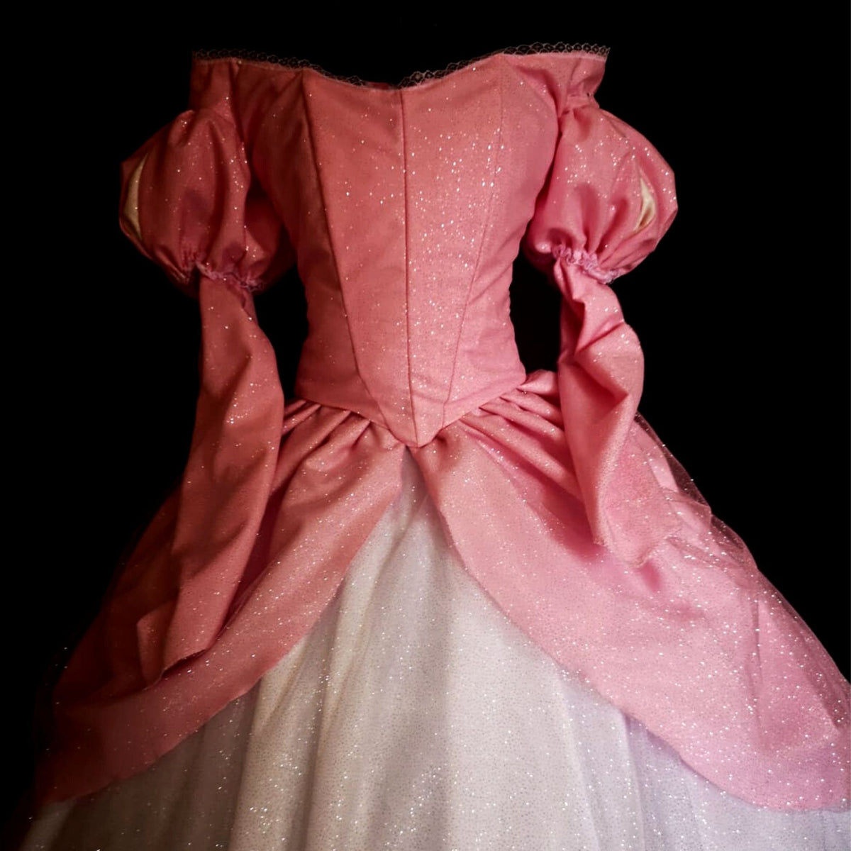 Pink mermaid fantasy ball gown with boned lace-up corset and full skirt